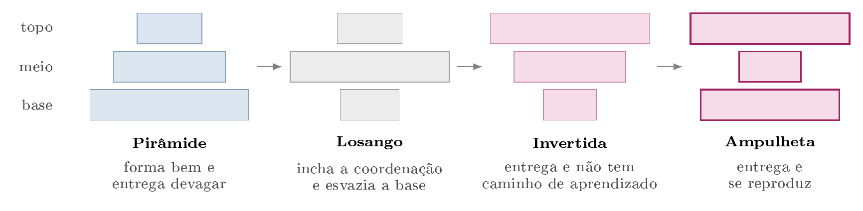 A célula e a organização não têm o mesmo formato ótimo. A pirâmide invertida descreve bem uma célula de entrega; a ampulheta é a única que também reproduz o insumo de que a célula depende.